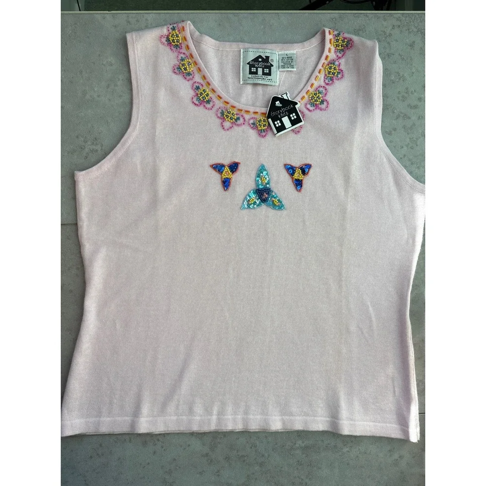 Storybook Knits Pink Beaded Sequins Floral Sleeveless Cottagecore Top NWT Size L - Picture 3 of 9